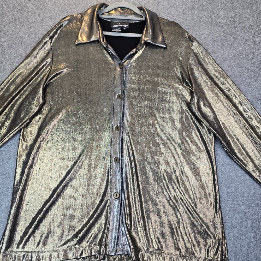 Vintage Carole Little II Shirt Womens 1X Silver Metallic Side Slit Button Up